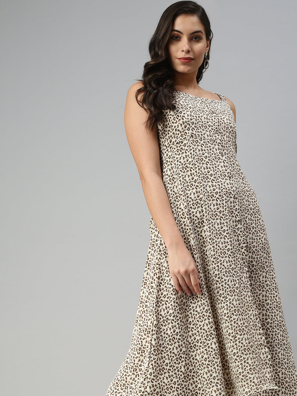 Women's Beige Animal Printed A-Line Midi Dress