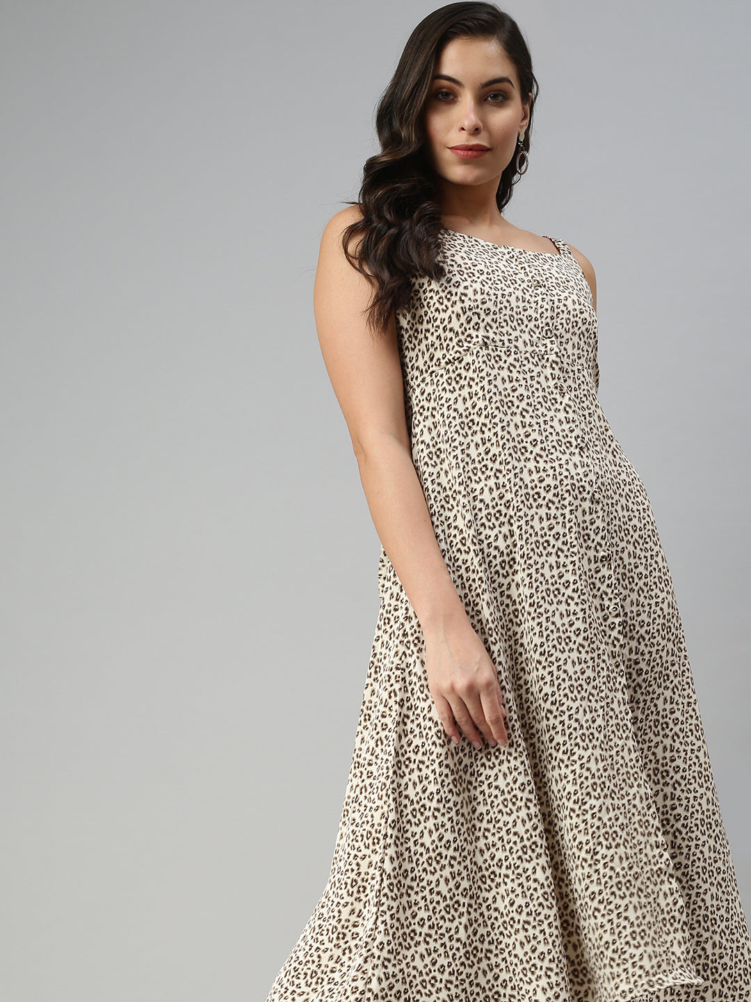 Women's Beige Animal Printed A-Line Midi Dress