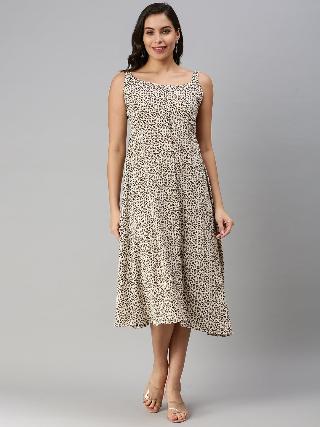 Women's Beige Animal Printed A-Line Midi Dress