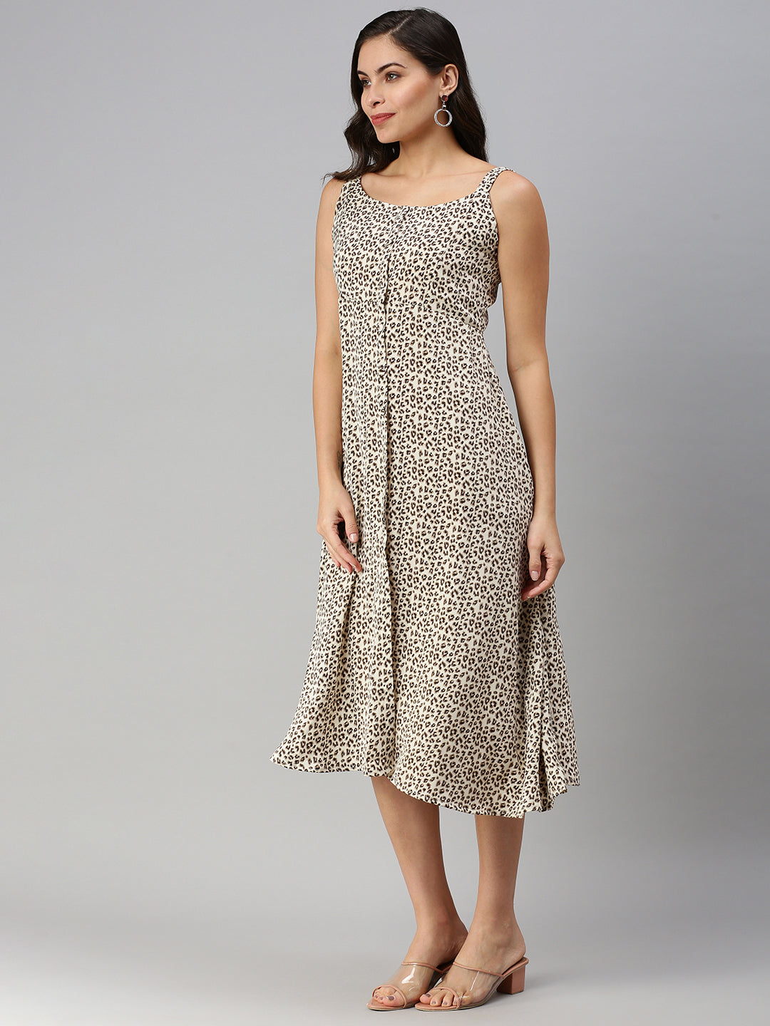 Women's Beige Animal Printed A-Line Midi Dress