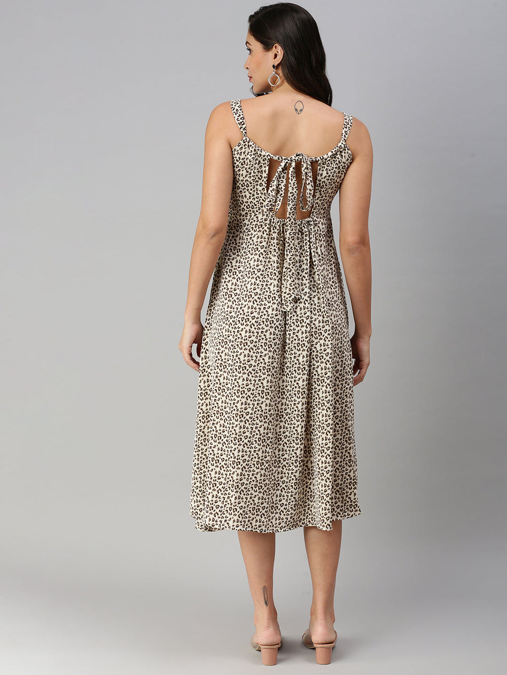Women's Beige Animal Printed A-Line Midi Dress