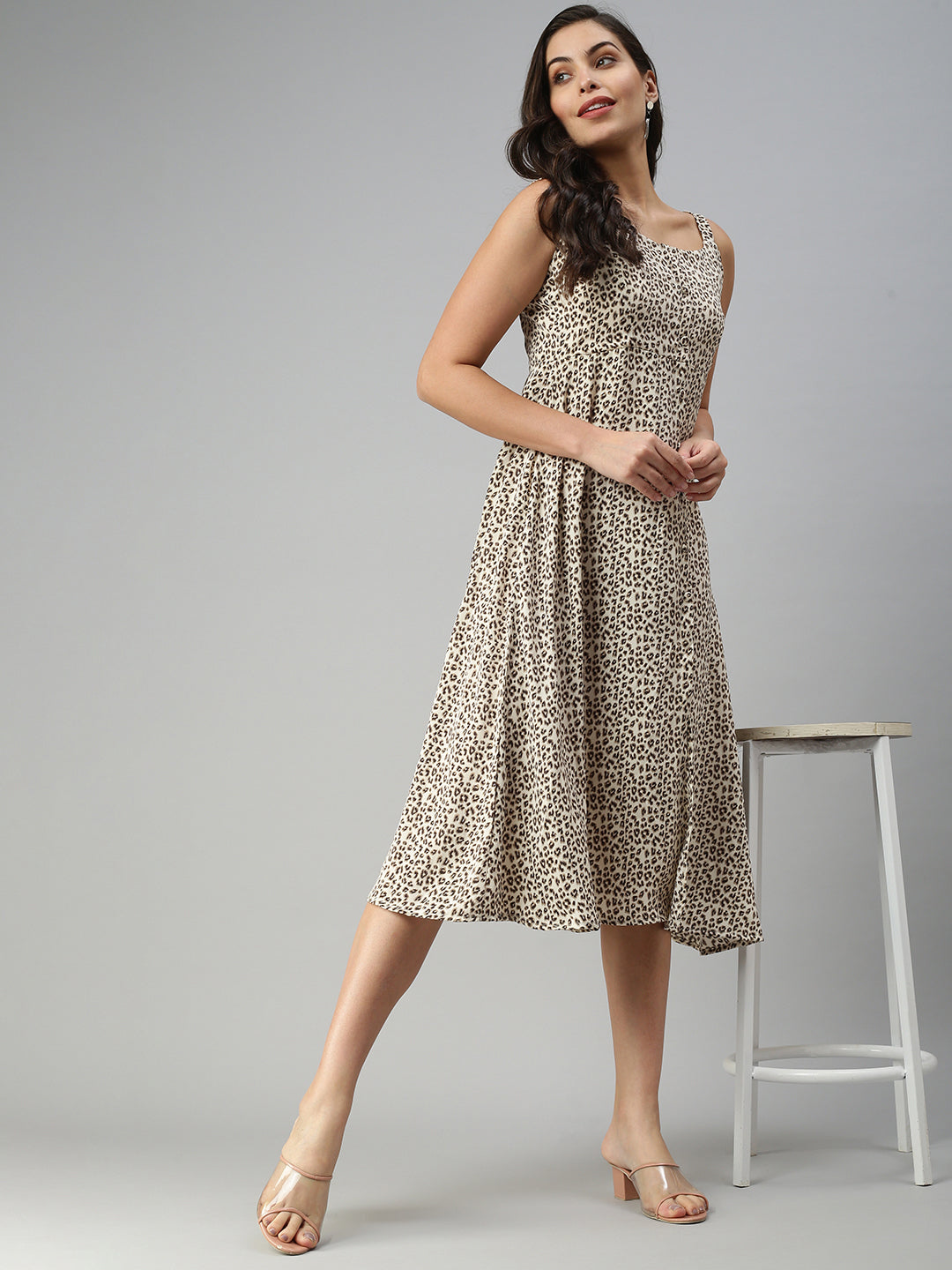 Women's Beige Animal Printed A-Line Midi Dress