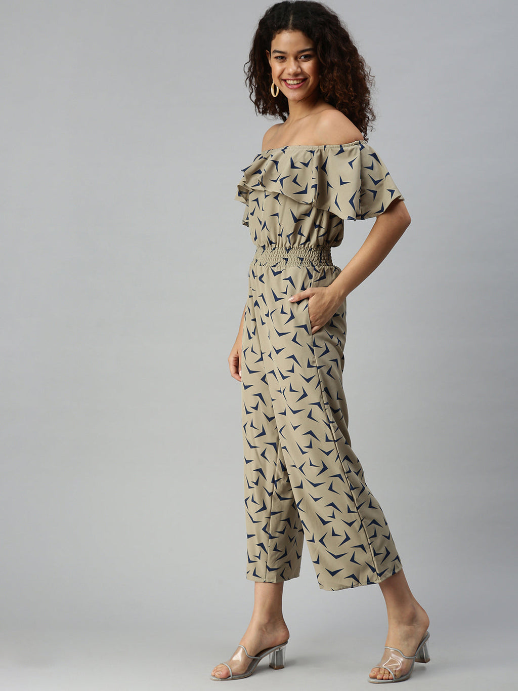 Women's Taupe Off-Shoulder Printed Basic Jumpsuit
