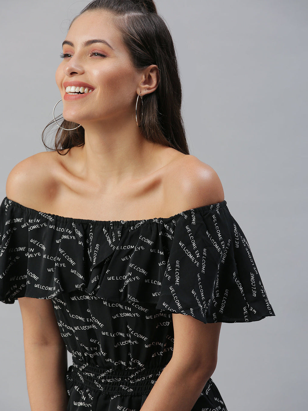 Women's Black Printed Off-Shoulder Cotton Basic Jumpsuit