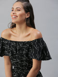 Women's Black Printed Off-Shoulder Cotton Basic Jumpsuit