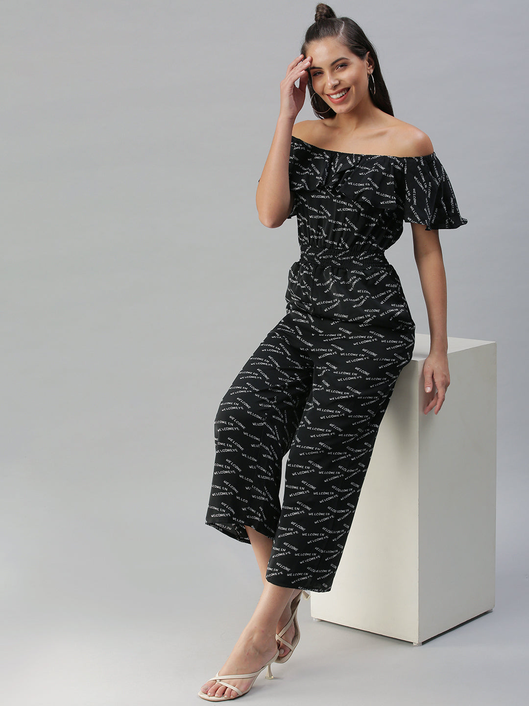 Women's Black Printed Off-Shoulder Cotton Basic Jumpsuit