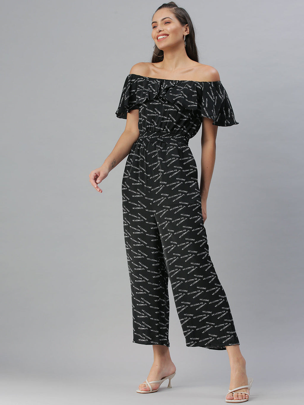 Women's Black Printed Off-Shoulder Cotton Basic Jumpsuit