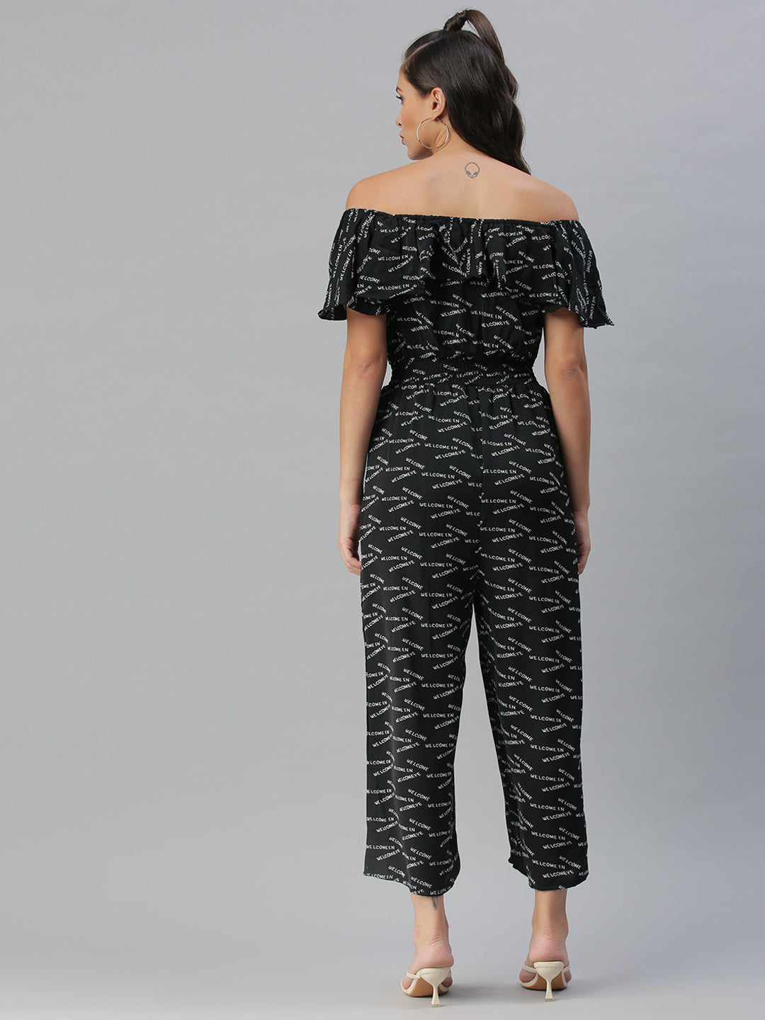 Women's Black Printed Off-Shoulder Cotton Basic Jumpsuit