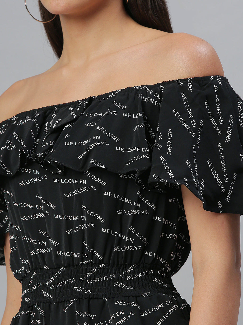 Women's Black Printed Off-Shoulder Cotton Basic Jumpsuit
