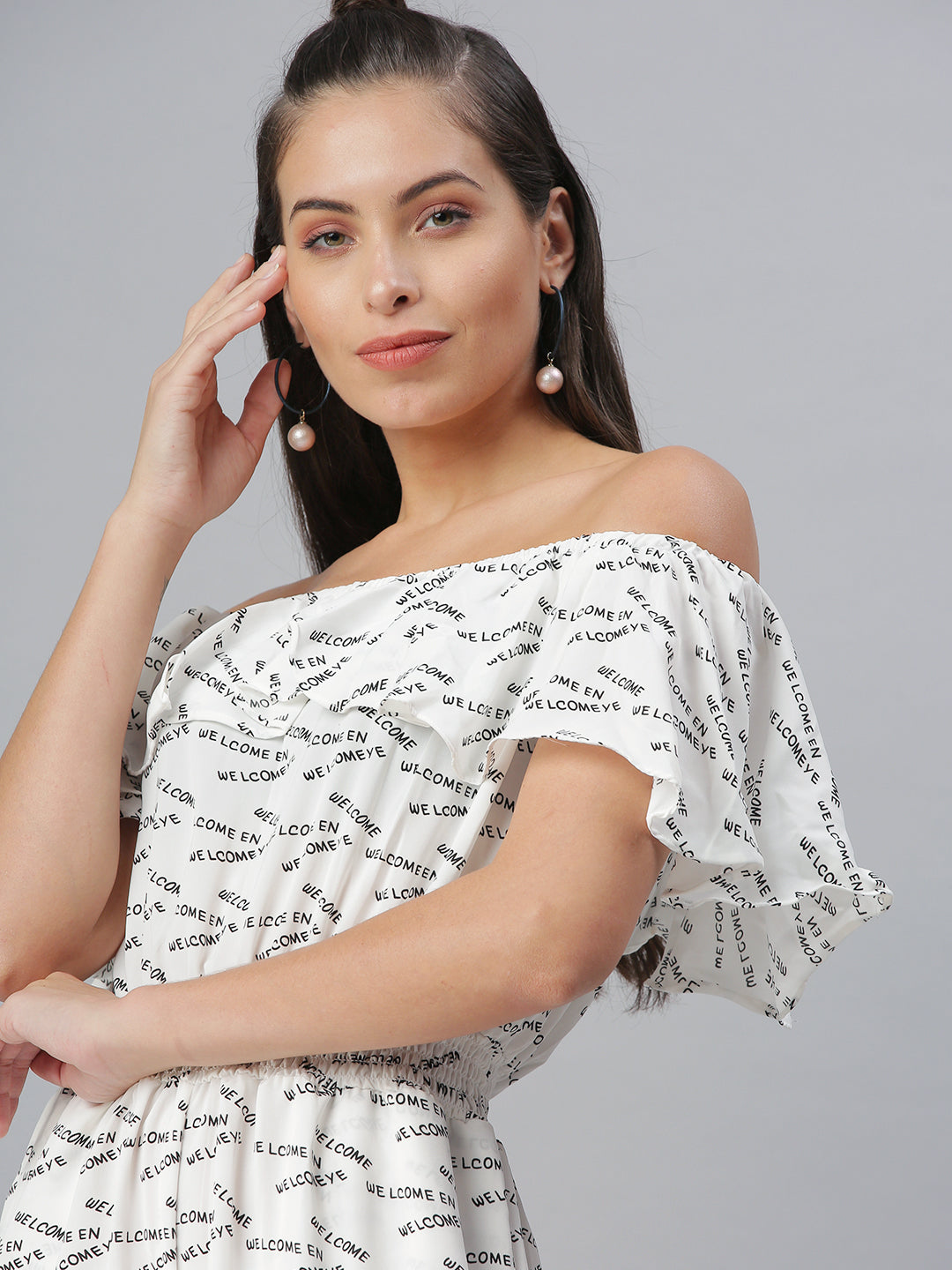 Women's White Off-Shoulder Printed Cotton Culotte Jumpsuit