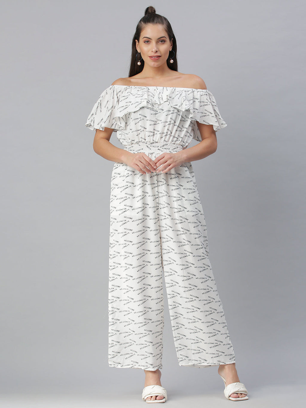 Women's White Off-Shoulder Printed Cotton Culotte Jumpsuit