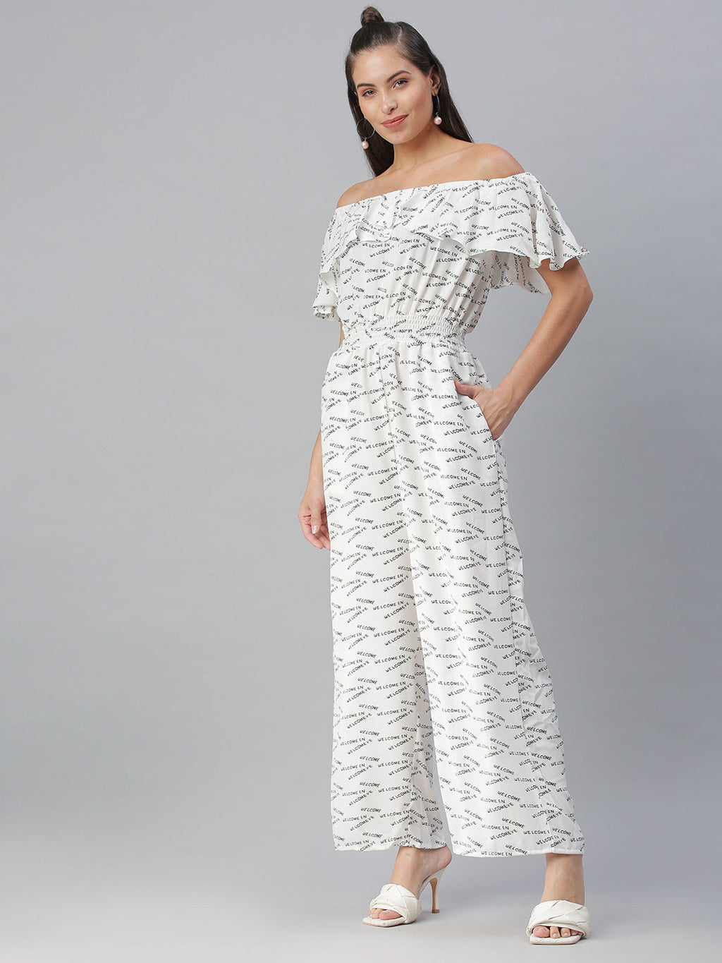 Women's White Off-Shoulder Printed Cotton Culotte Jumpsuit