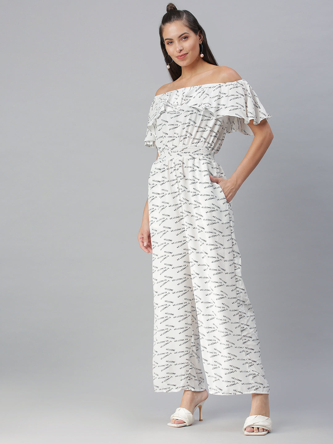 Women's White Off-Shoulder Printed Cotton Culotte Jumpsuit