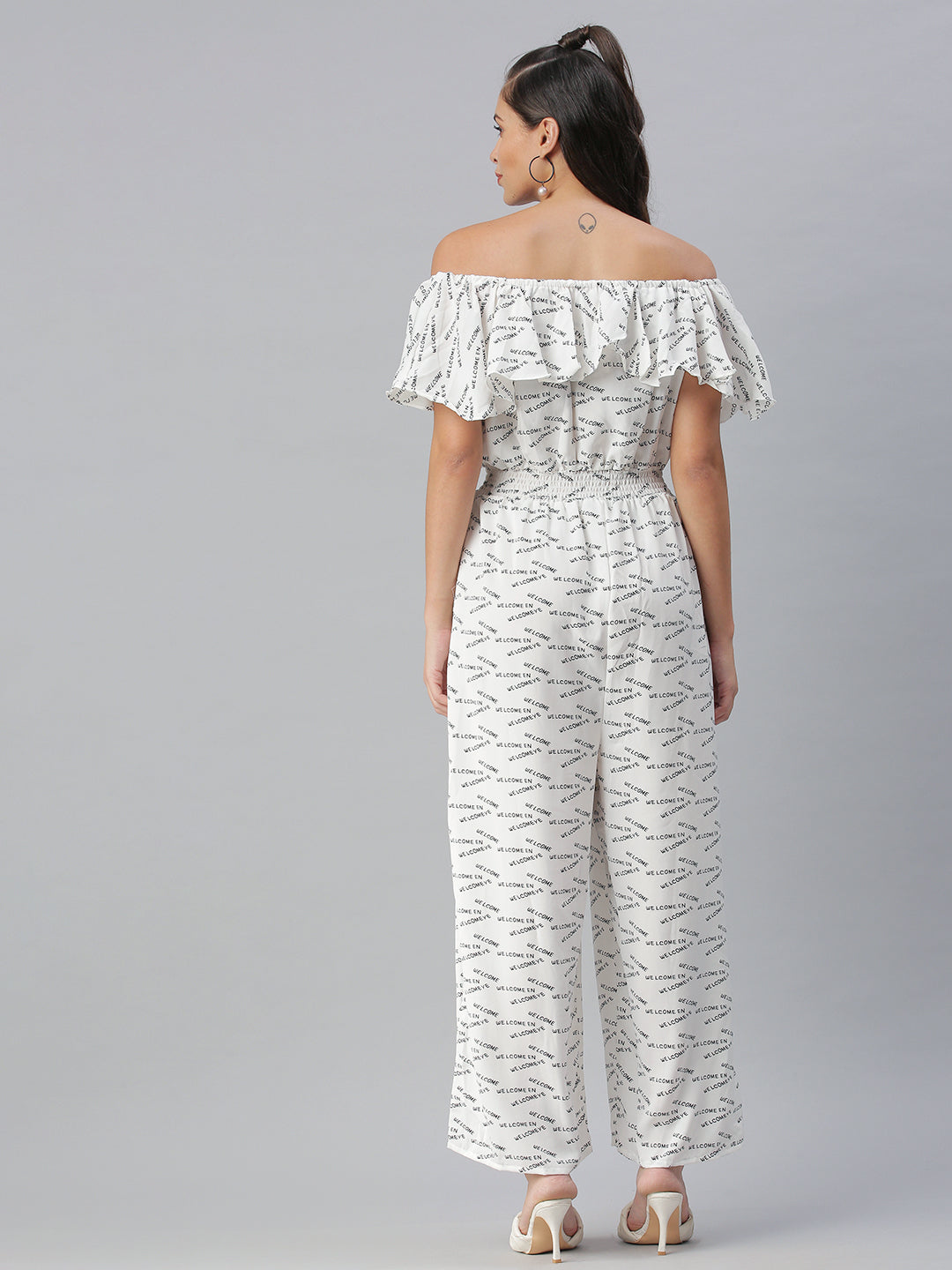 Women's White Off-Shoulder Printed Cotton Culotte Jumpsuit