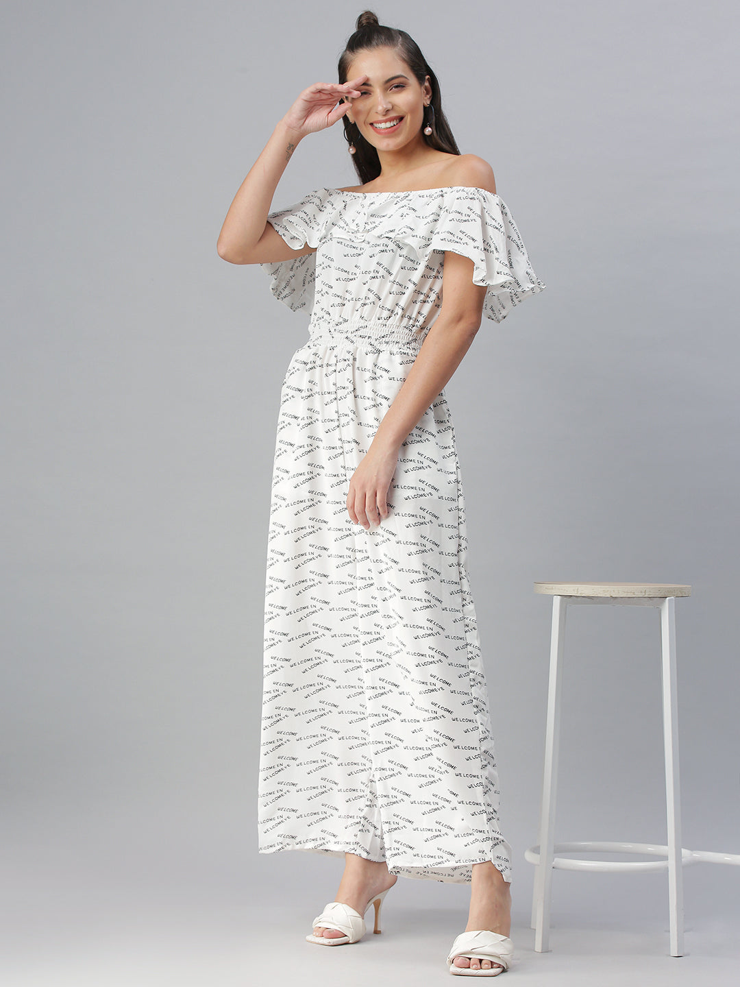 Women's White Off-Shoulder Printed Cotton Culotte Jumpsuit