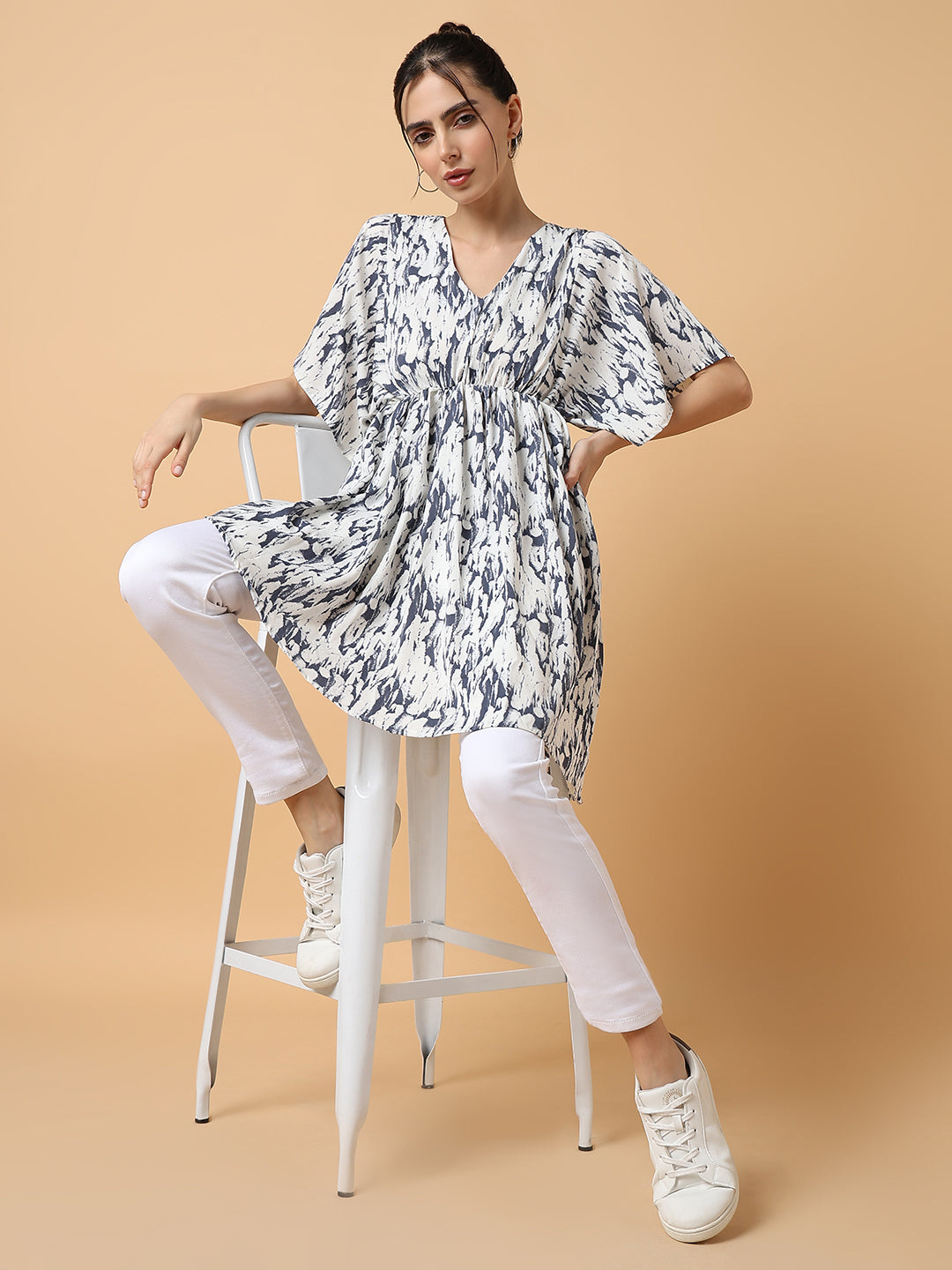 Women's White Crepe Kaftan Midi Top