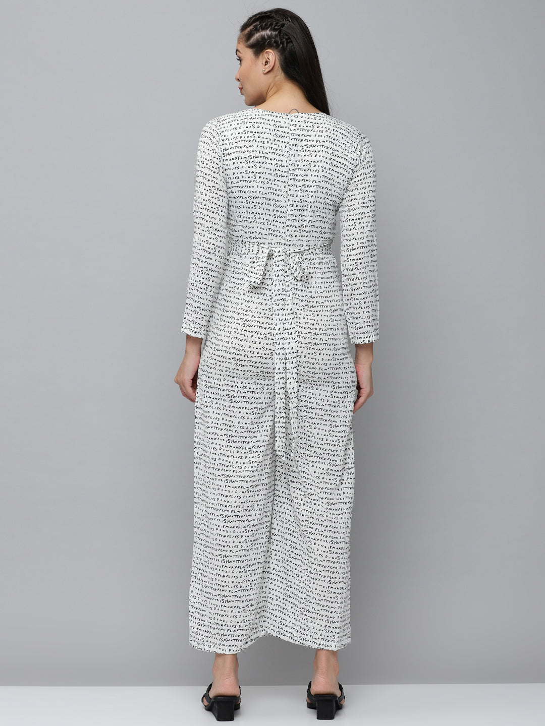 Women's White Printed V-Neck Long Sleeves Basic Jumpsuit