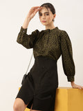 Women's Printed Olive Top and Black Button Skirt Dress with Front Slit