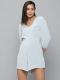 Women's Grey Solid V-Neck Three-Quarter Sleeves Jumpsuit