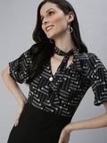 Women's Black Tie-Up Neck Sheath Dress