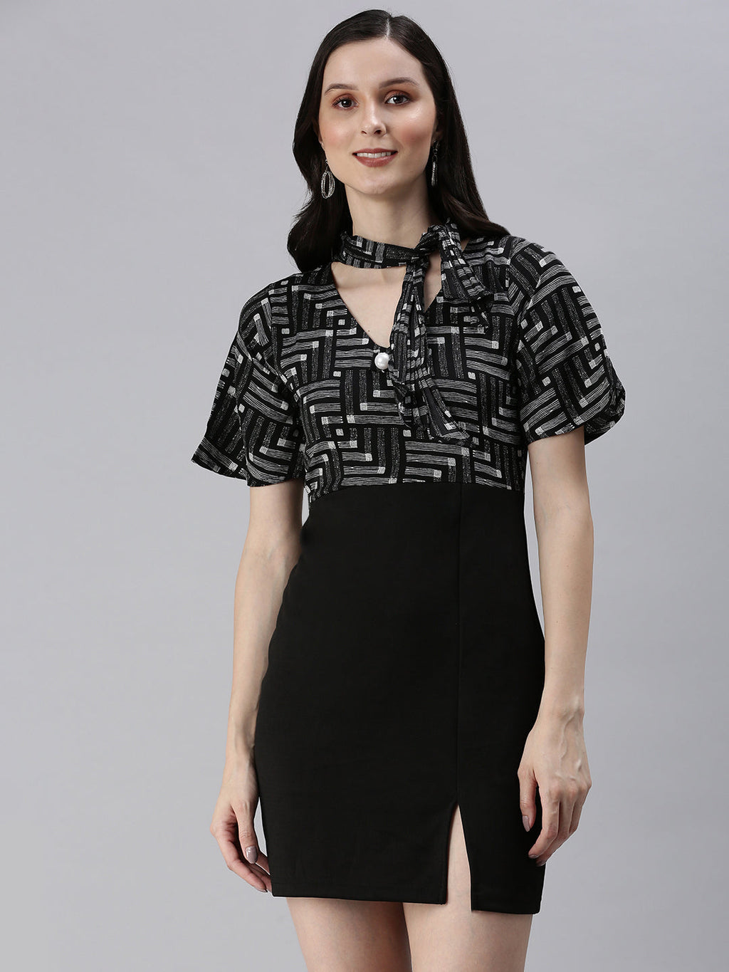 Women's Black Tie-Up Neck Sheath Dress