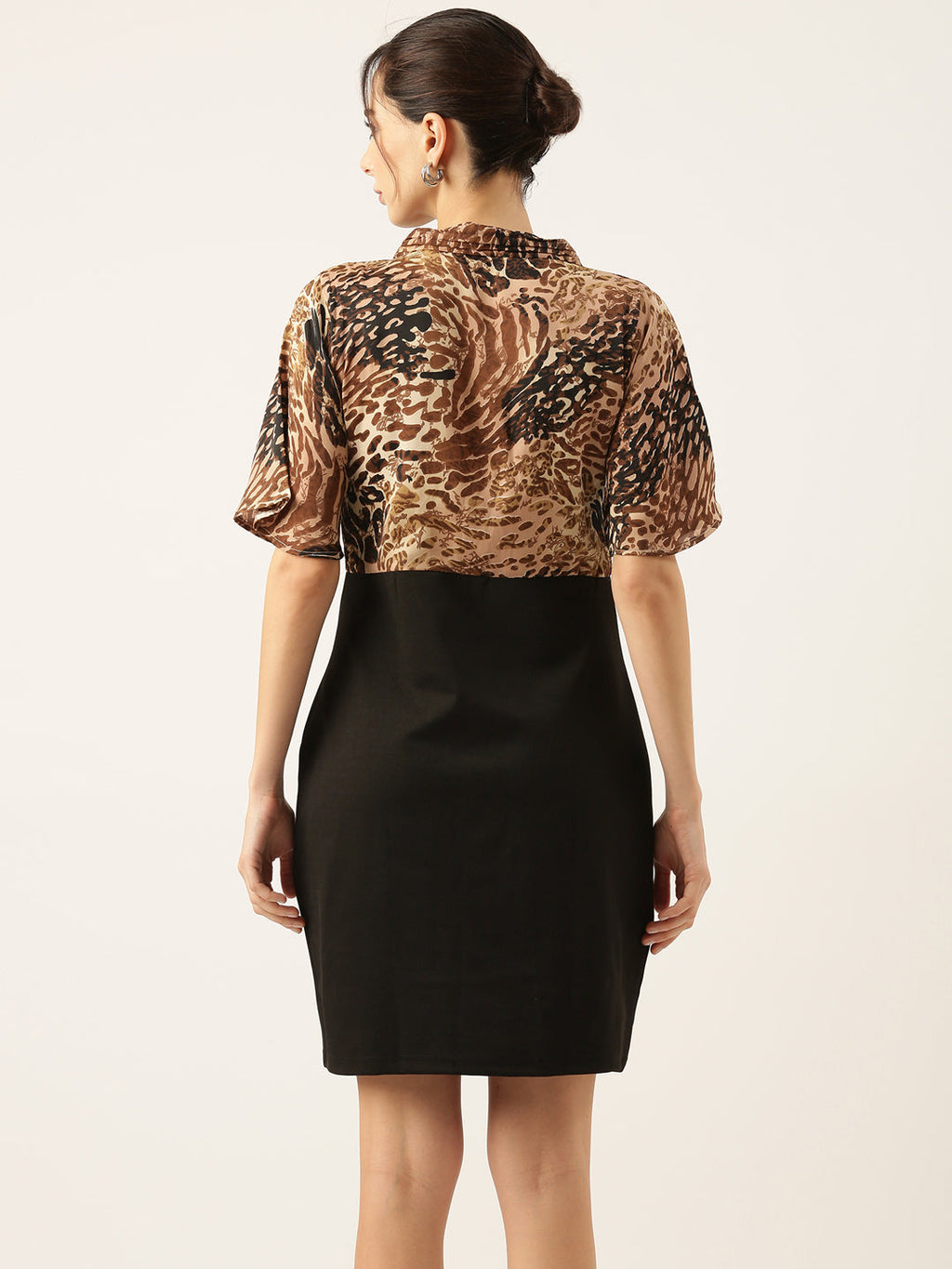 Women's Brown Printed Flared Sleeve Sheath Dress