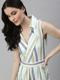 Women's White Shawl Neck Striped Basic Jumpsuit