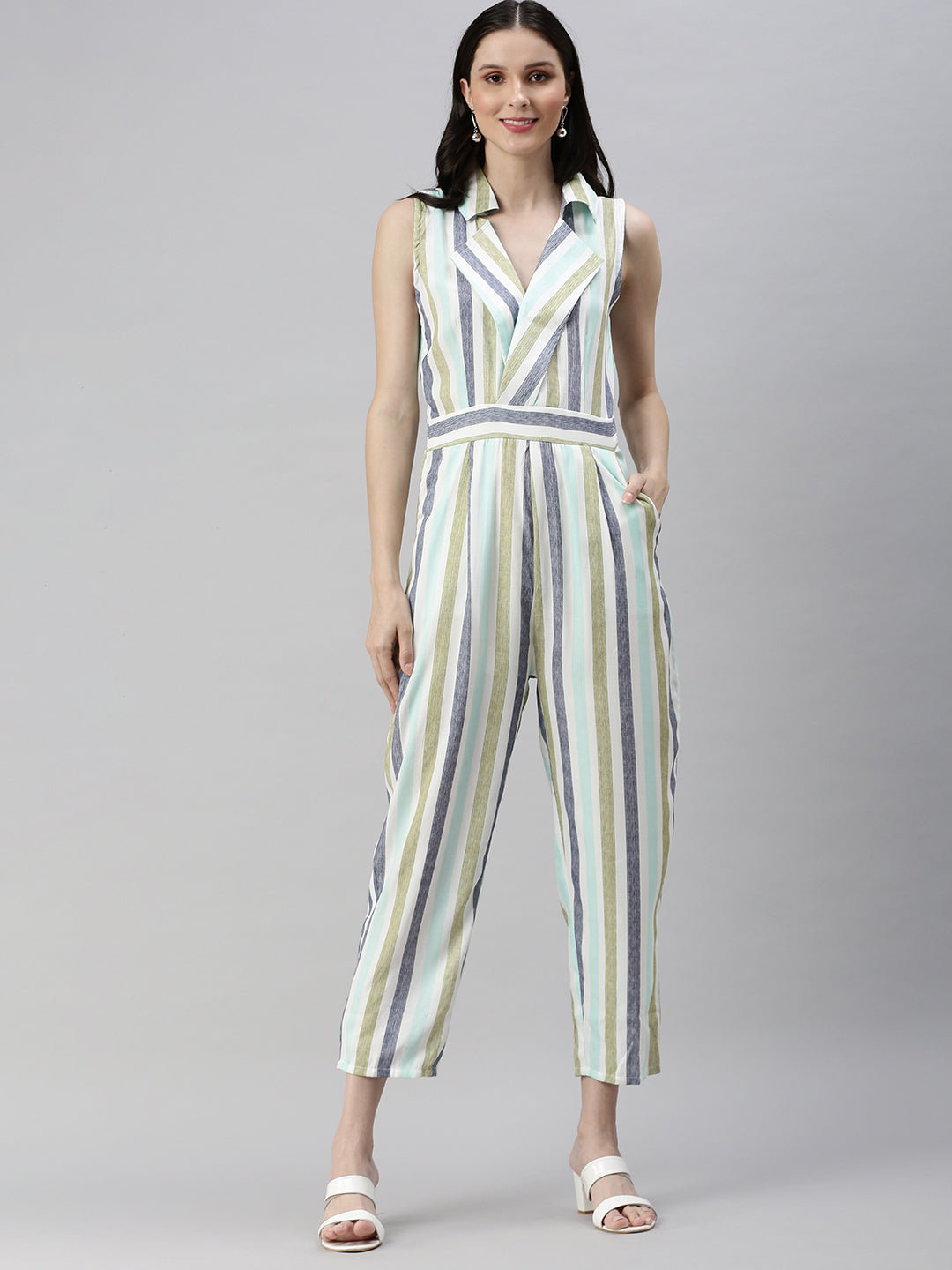 Women's White Shawl Neck Striped Basic Jumpsuit
