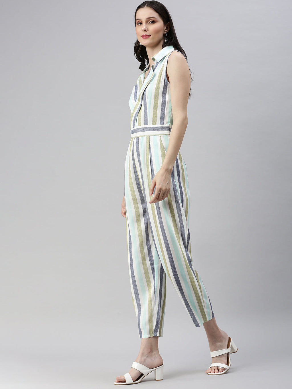 Women's White Shawl Neck Striped Basic Jumpsuit