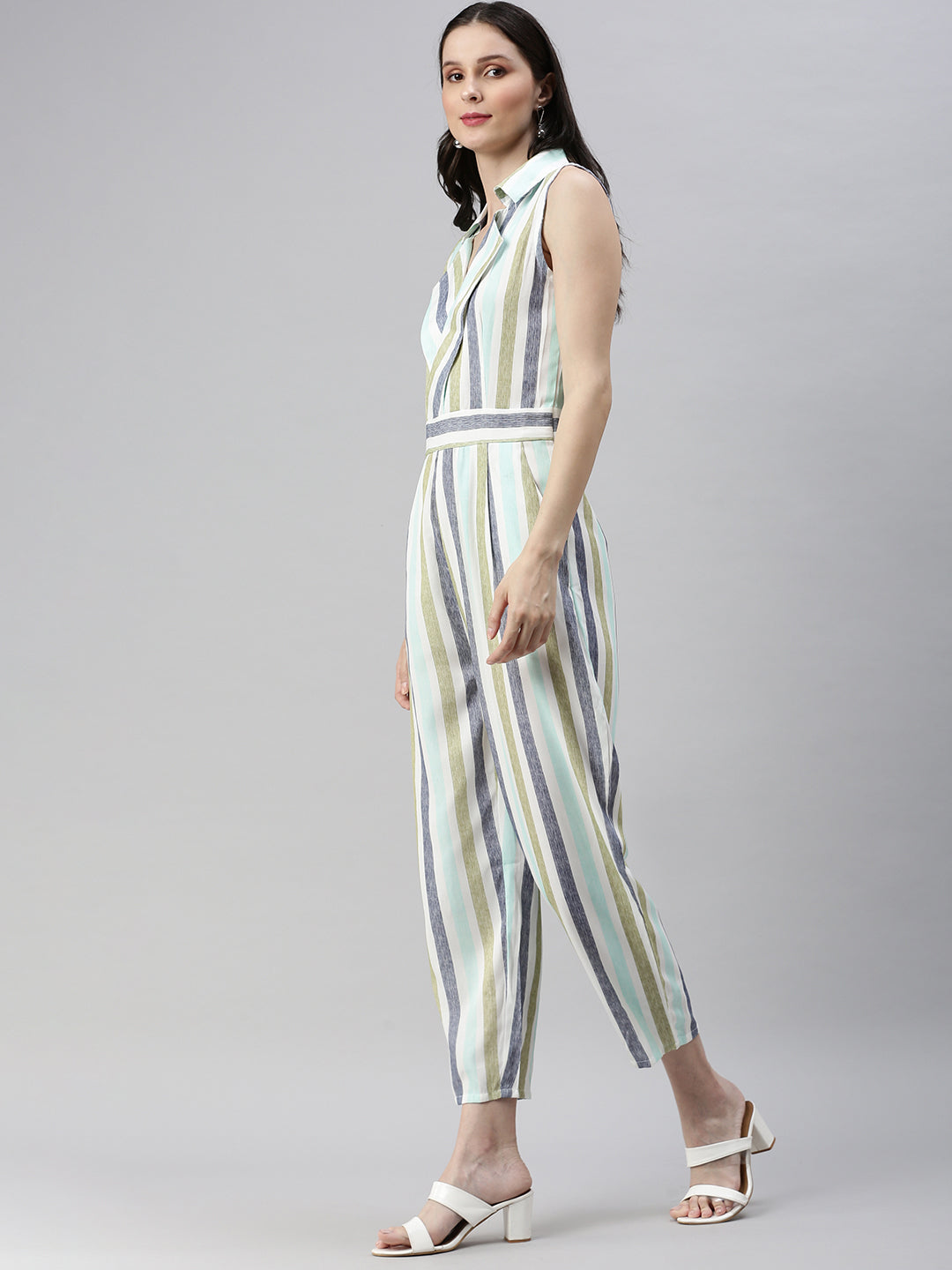 Women's White Shawl Neck Striped Basic Jumpsuit