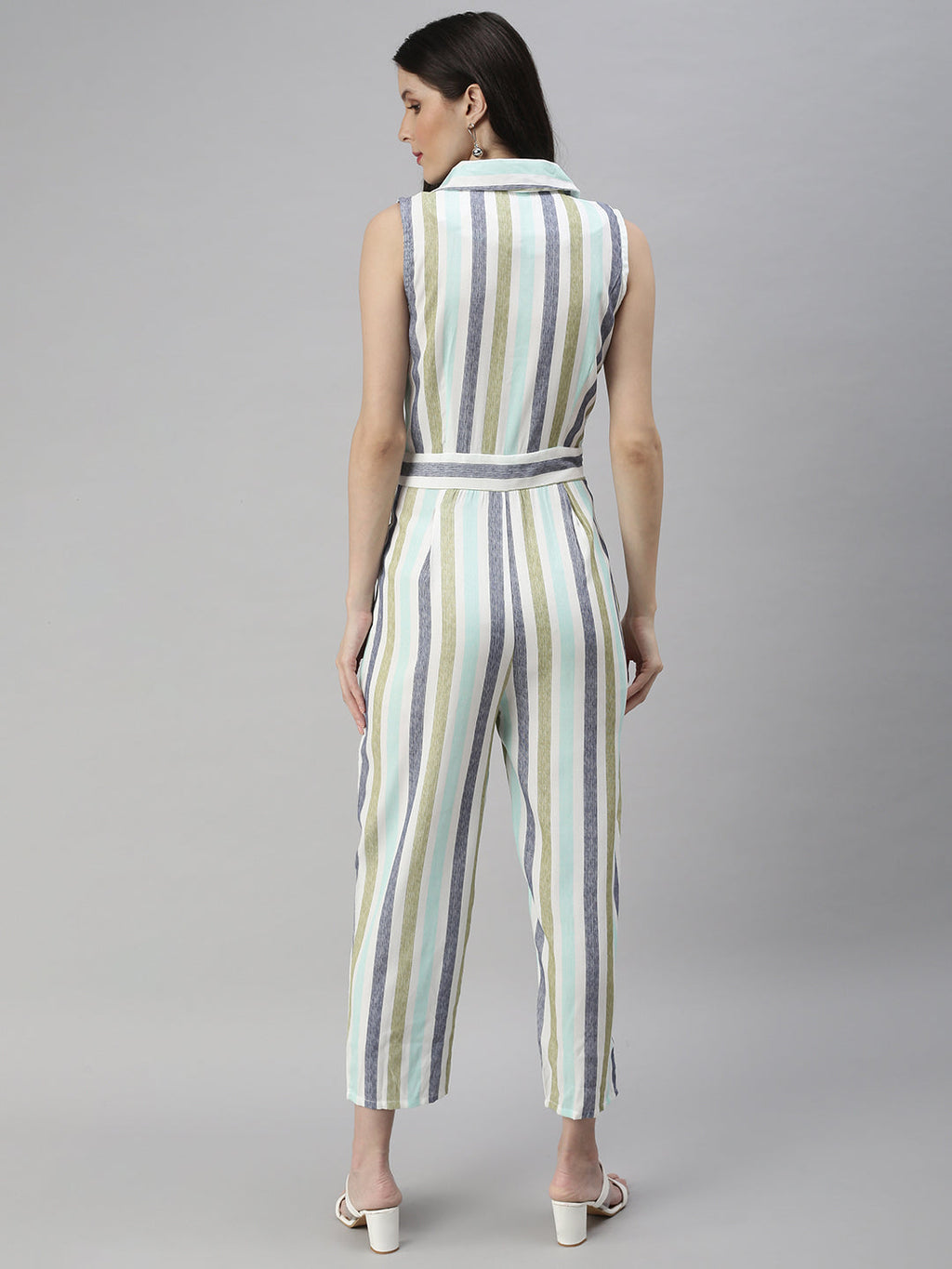Women's White Shawl Neck Striped Basic Jumpsuit