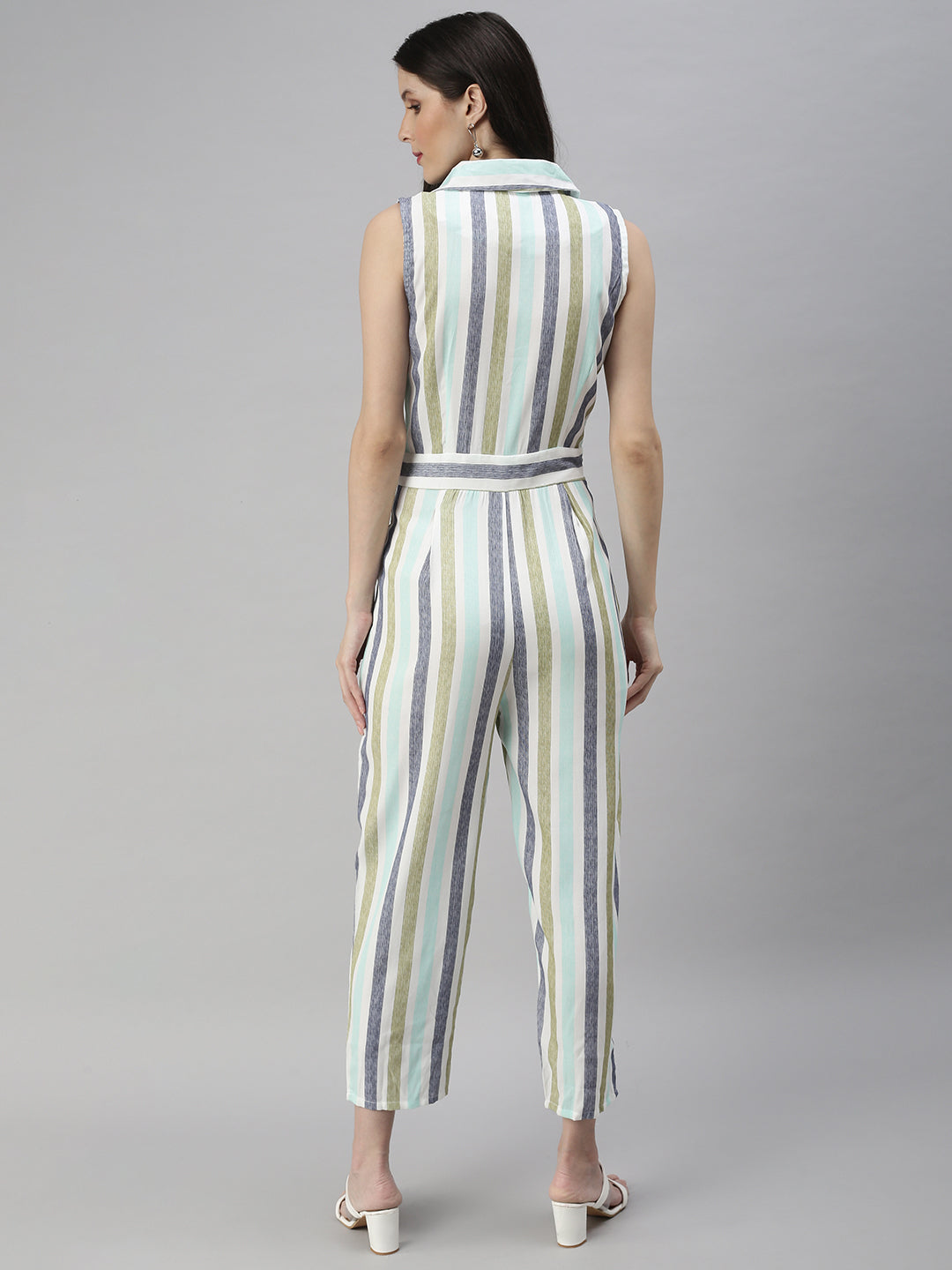 Women's White Shawl Neck Striped Basic Jumpsuit