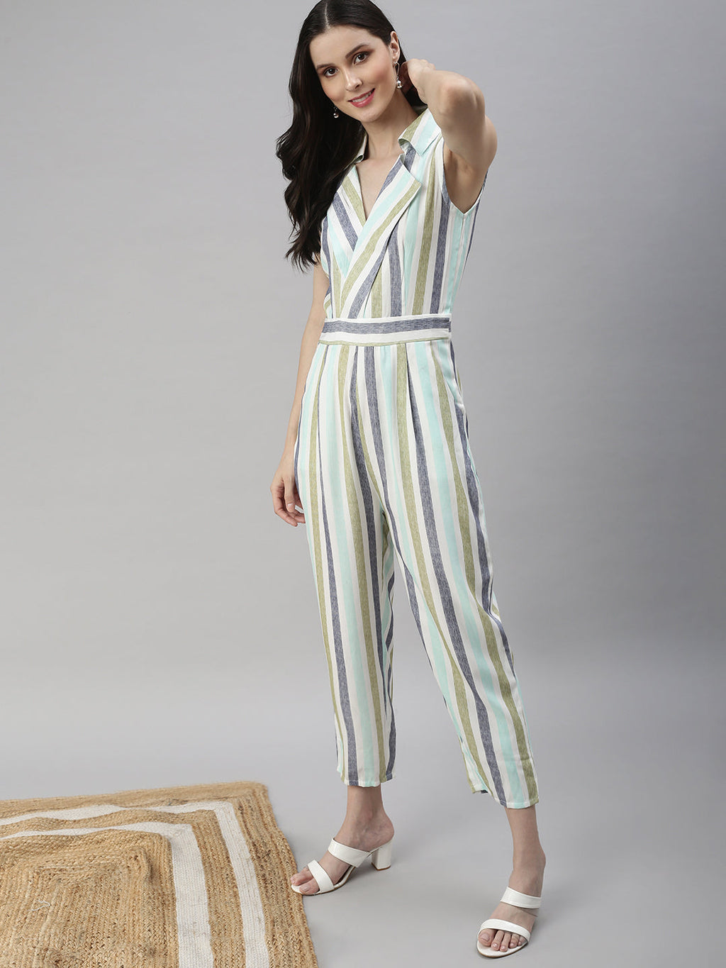 Women's White Shawl Neck Striped Basic Jumpsuit