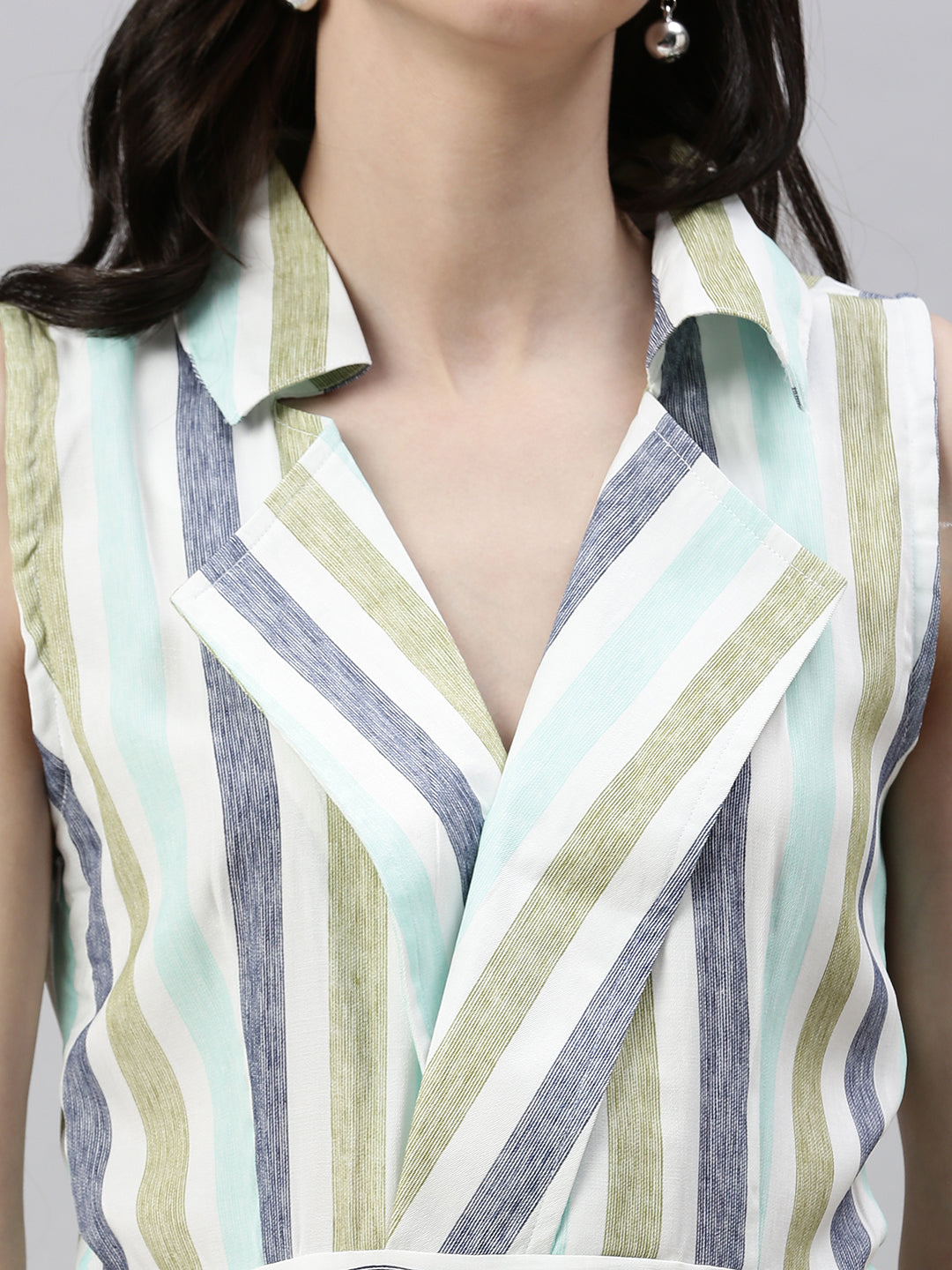 Women's White Shawl Neck Striped Basic Jumpsuit
