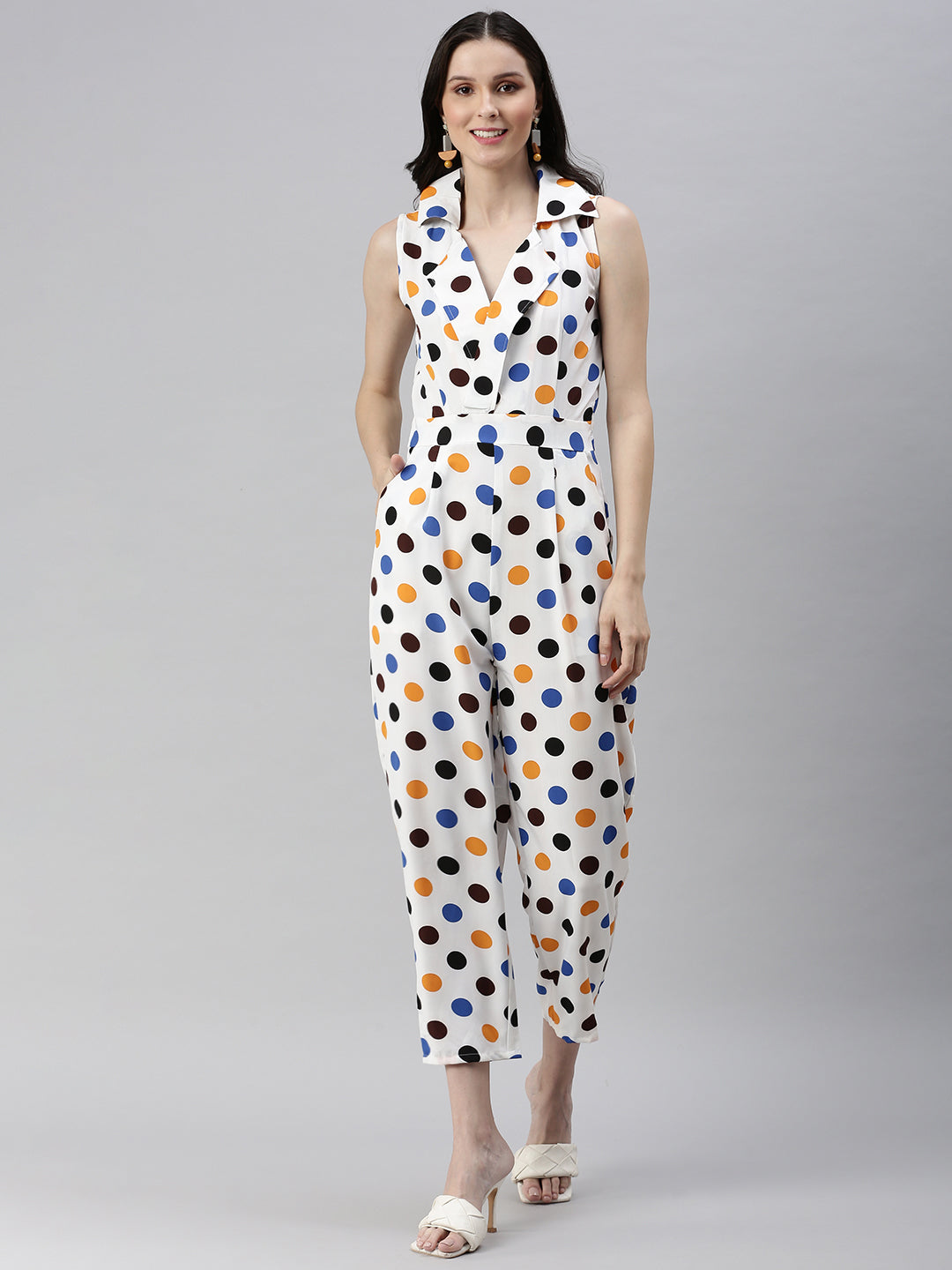 Women's Off White Shawl Neck Printed Basic Jumpsuit