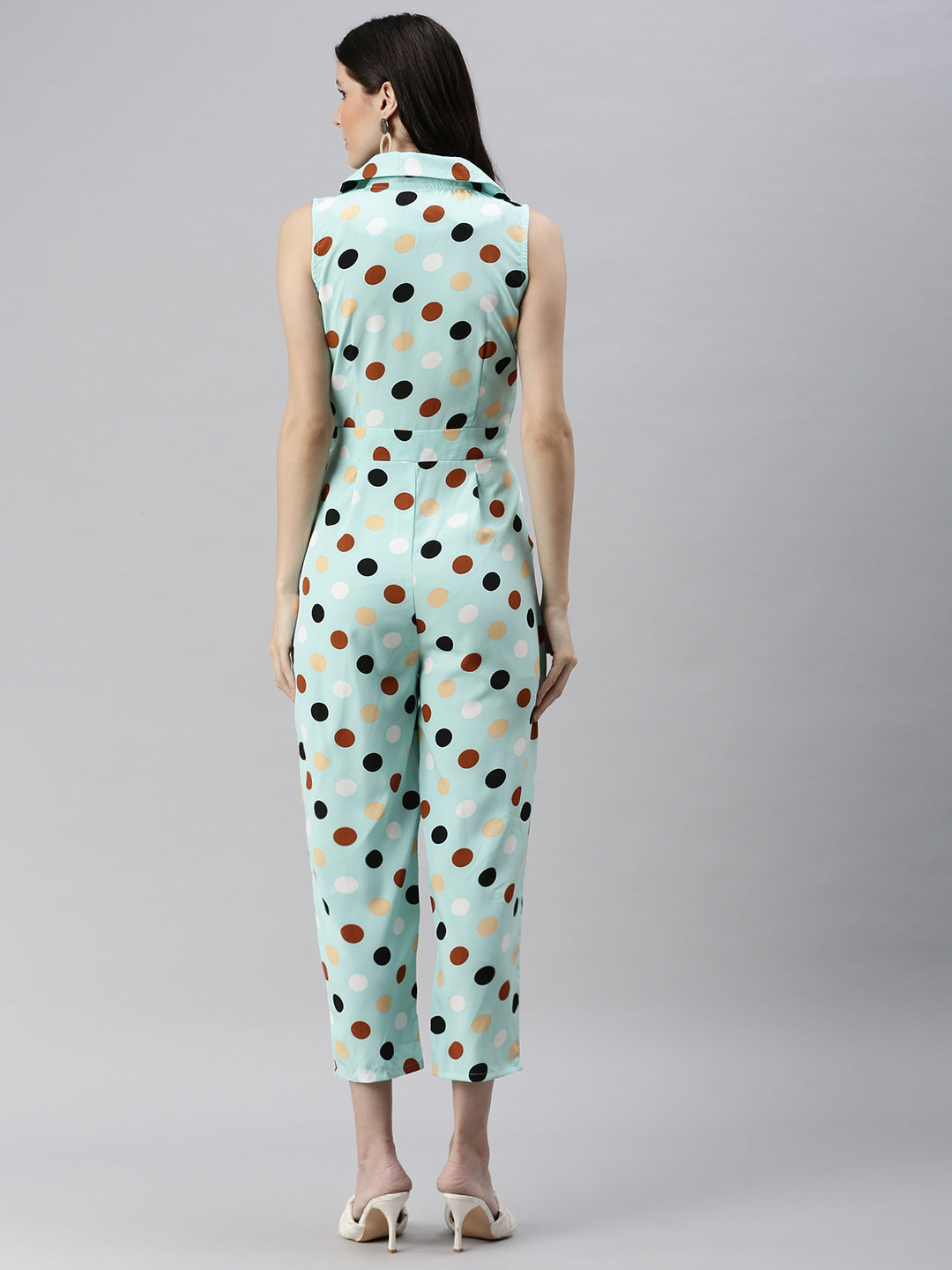 Women's Sea Green Printed Sleeveless Basic Jumpsuit