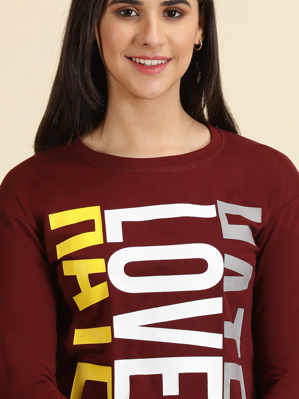 Women's Maroon Typography Printed Top