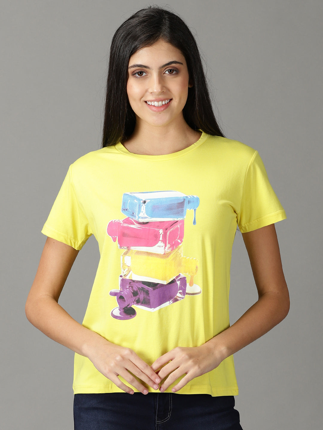 Women's Yellow Print Crepe Top