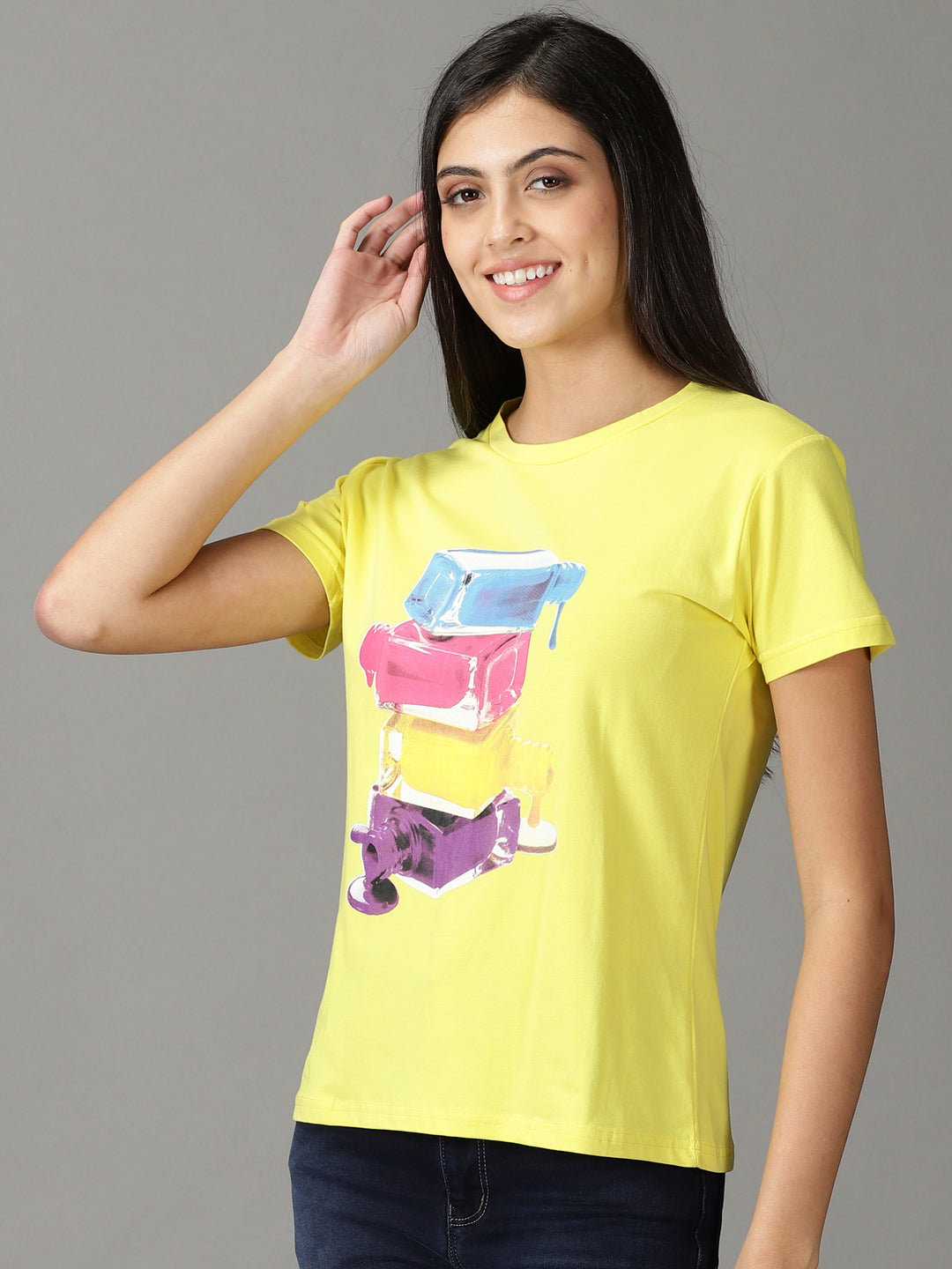 Women's Yellow Print Crepe Top