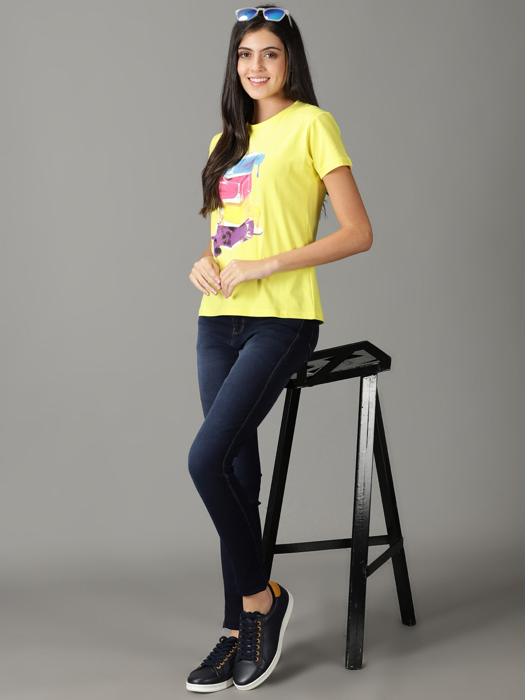 Women's Yellow Print Crepe Top