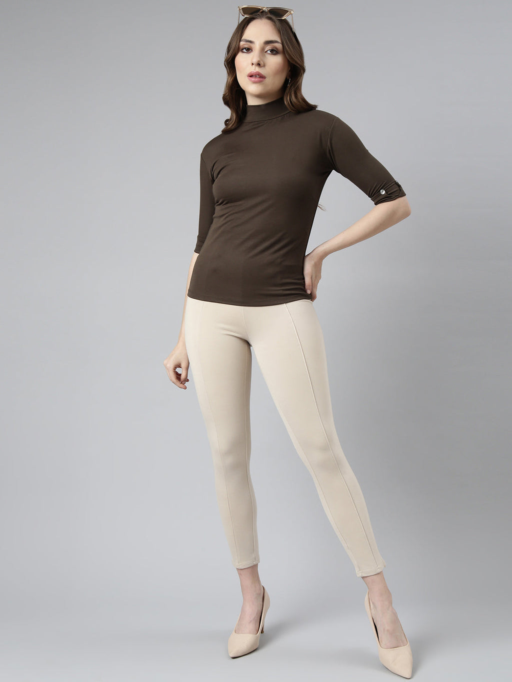 Women's Olive High Neck Roll-Up Sleeves Fitted Top