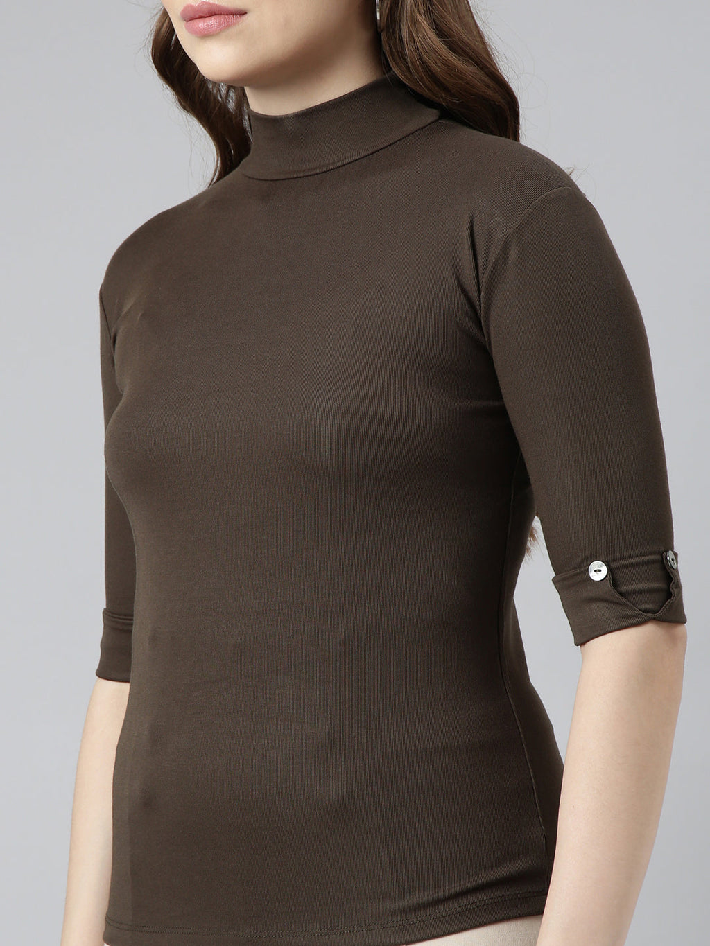 Women's Olive High Neck Roll-Up Sleeves Fitted Top