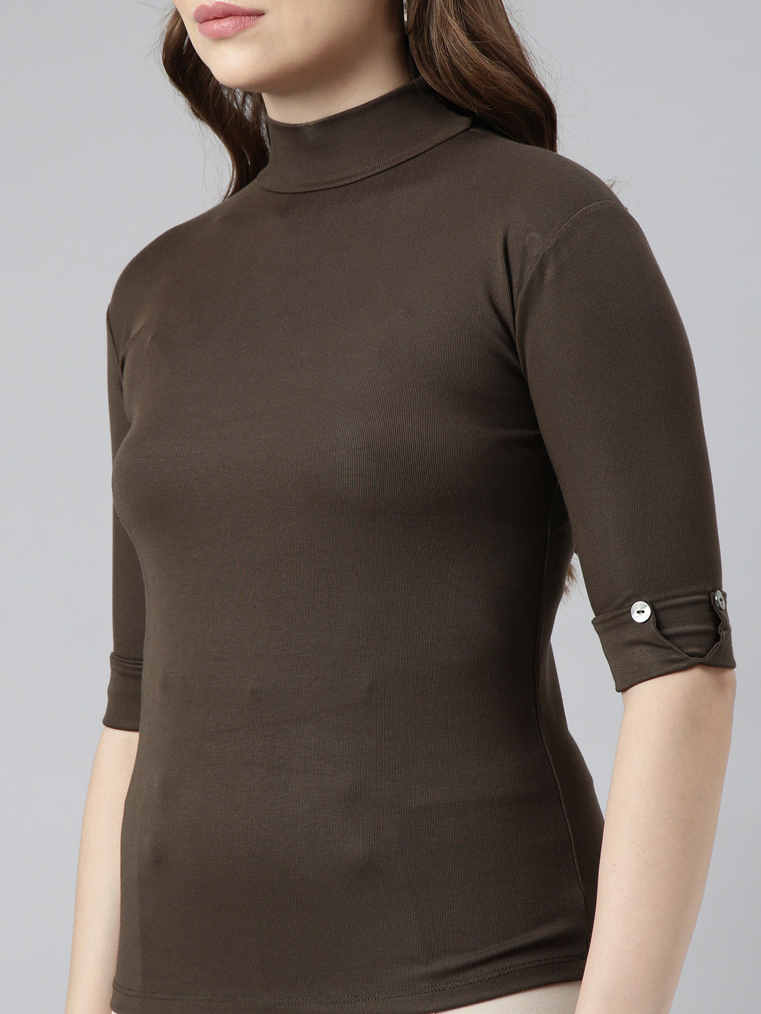 Women's Olive High Neck Roll-Up Sleeves Fitted Top