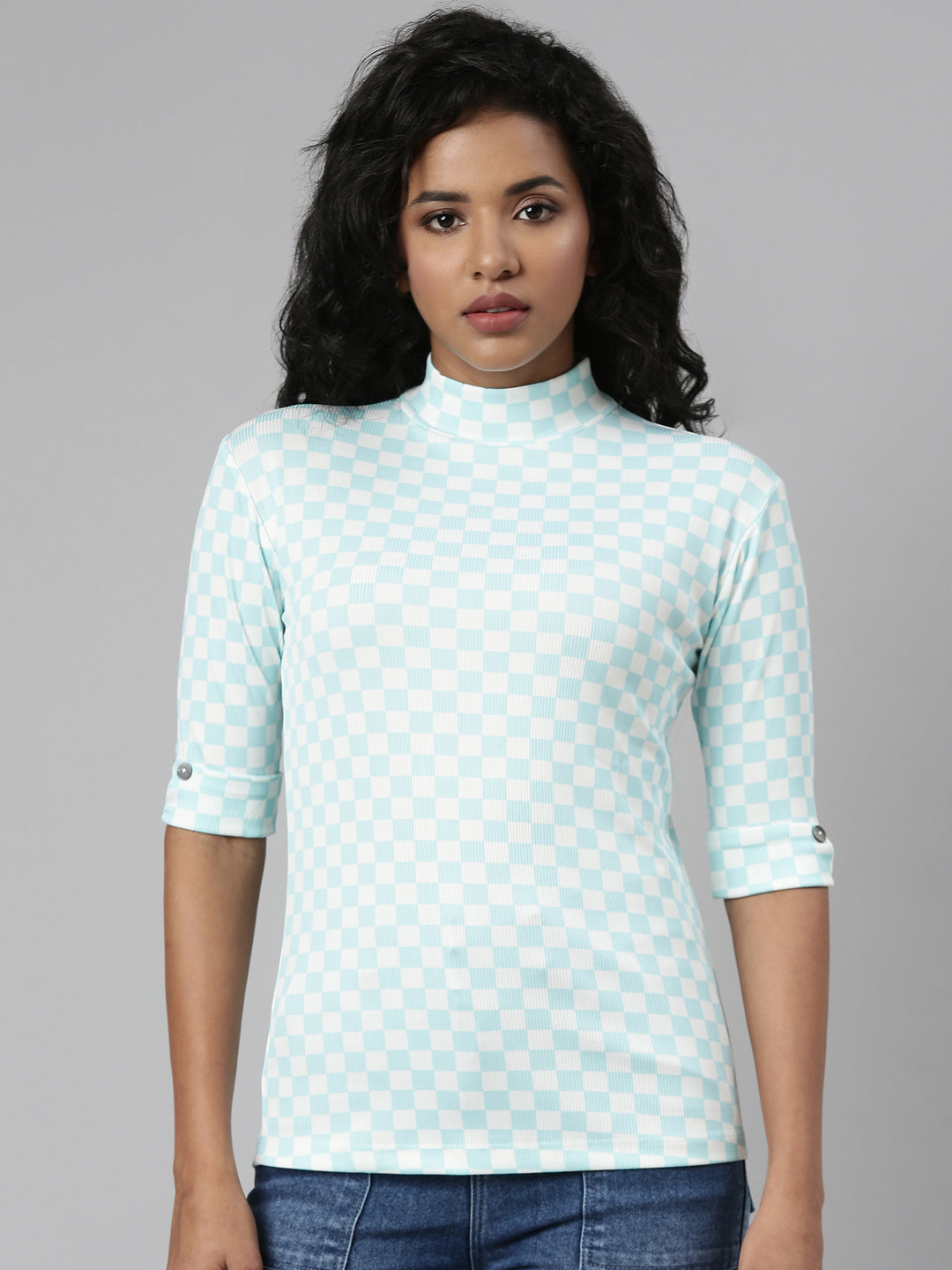 Women's Turquoise Blue Checked Roll-Up Sleeves Top