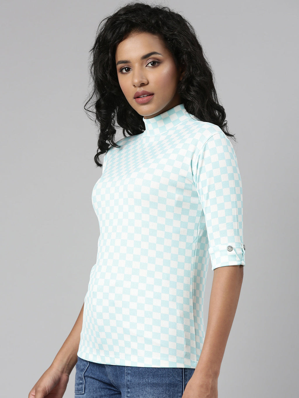 Women's Turquoise Blue Checked Roll-Up Sleeves Top