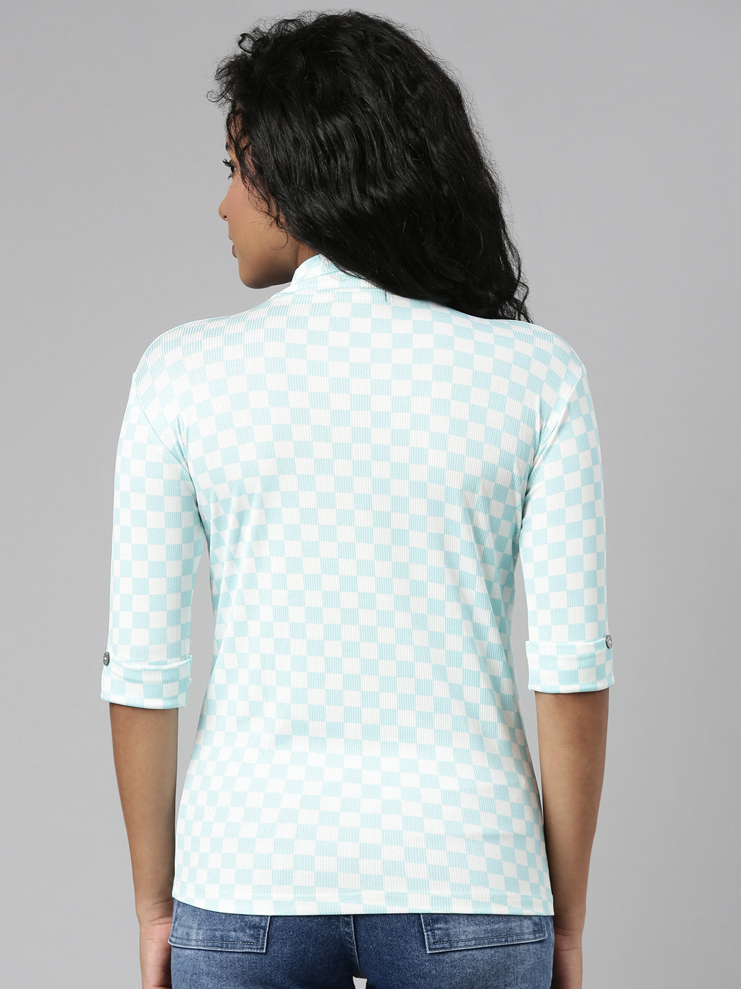 Women's Turquoise Blue Checked Roll-Up Sleeves Top