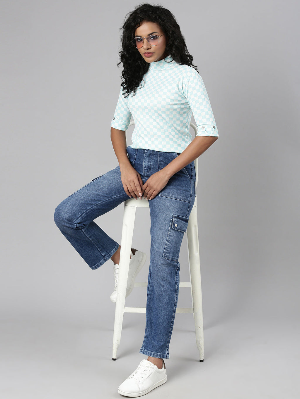 Women's Turquoise Blue Checked Roll-Up Sleeves Top