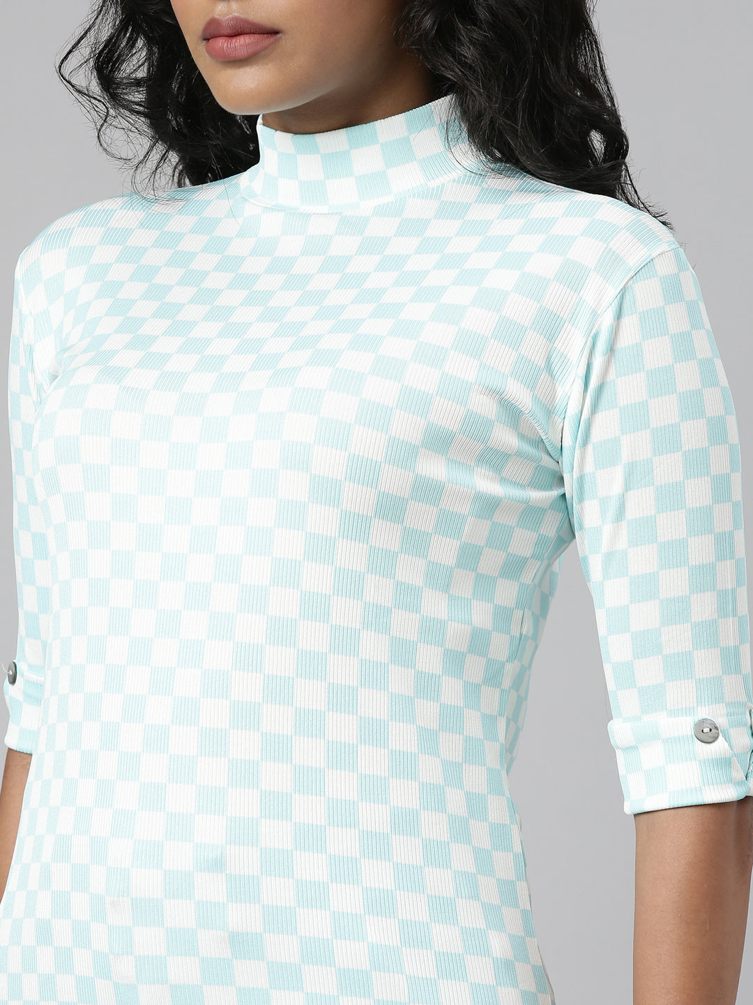 Women's Turquoise Blue Checked Roll-Up Sleeves Top