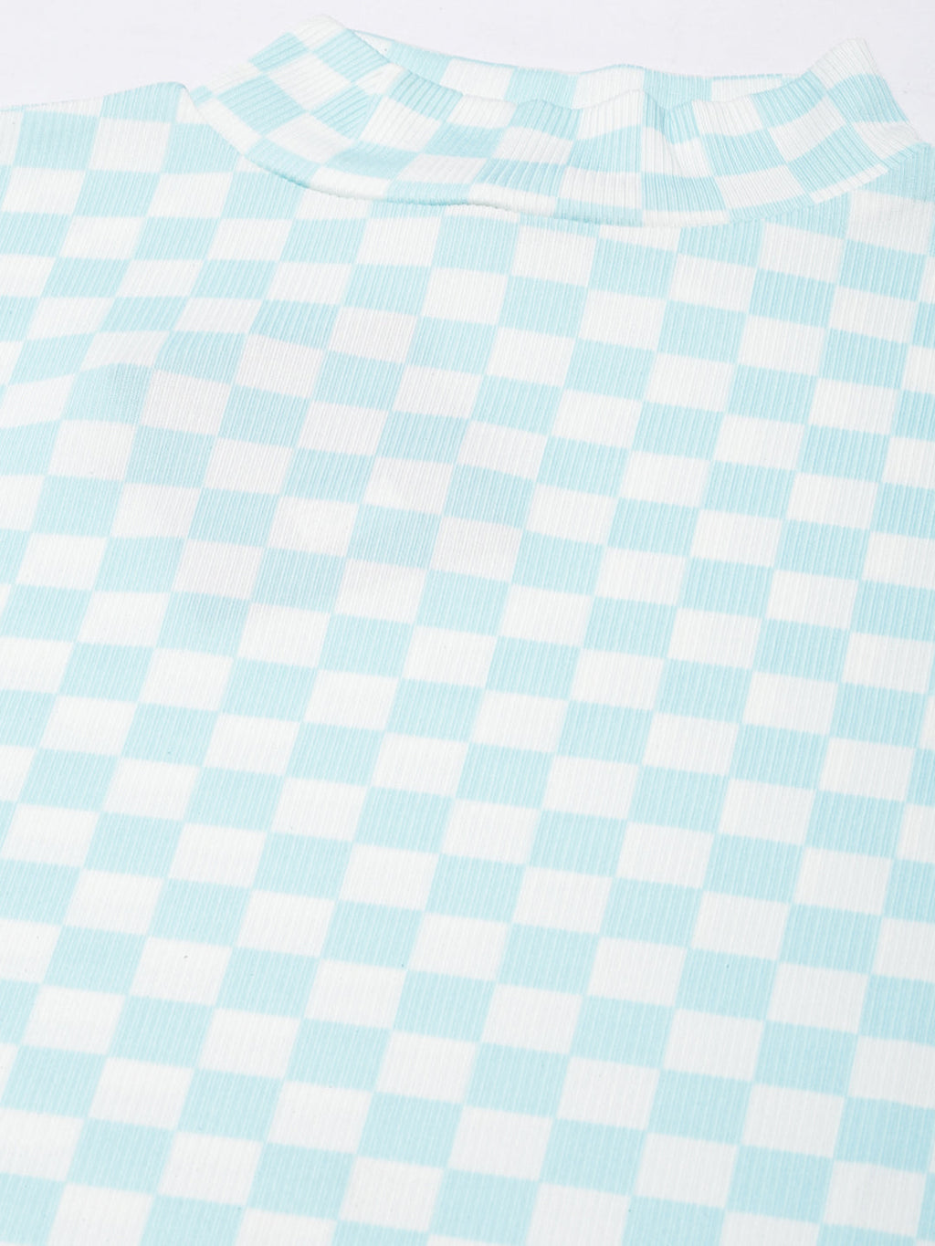 Women's Turquoise Blue Checked Roll-Up Sleeves Top