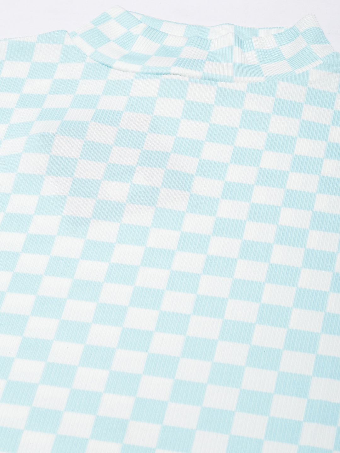 Women's Turquoise Blue Checked Roll-Up Sleeves Top